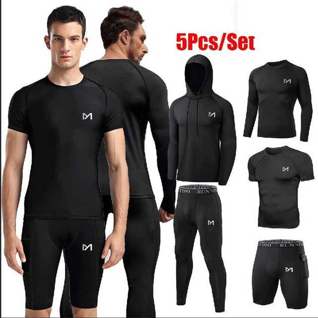 MEETYOO Trainingsanzug Herren Trainingsanzug Kompressions Shirt Legging Set (5 Teilig Trainingsanzug Laufanzug, Fitness, Sport, Funktionsunterwäsche), 5 Stück/Set Quick Dry die Körperformung